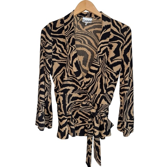 GANNI | Tiger-Print Wrap Blouse | Long Sleeve Tie Waist Tan Black  Top | 36 US 4 - Picture 4 of 8